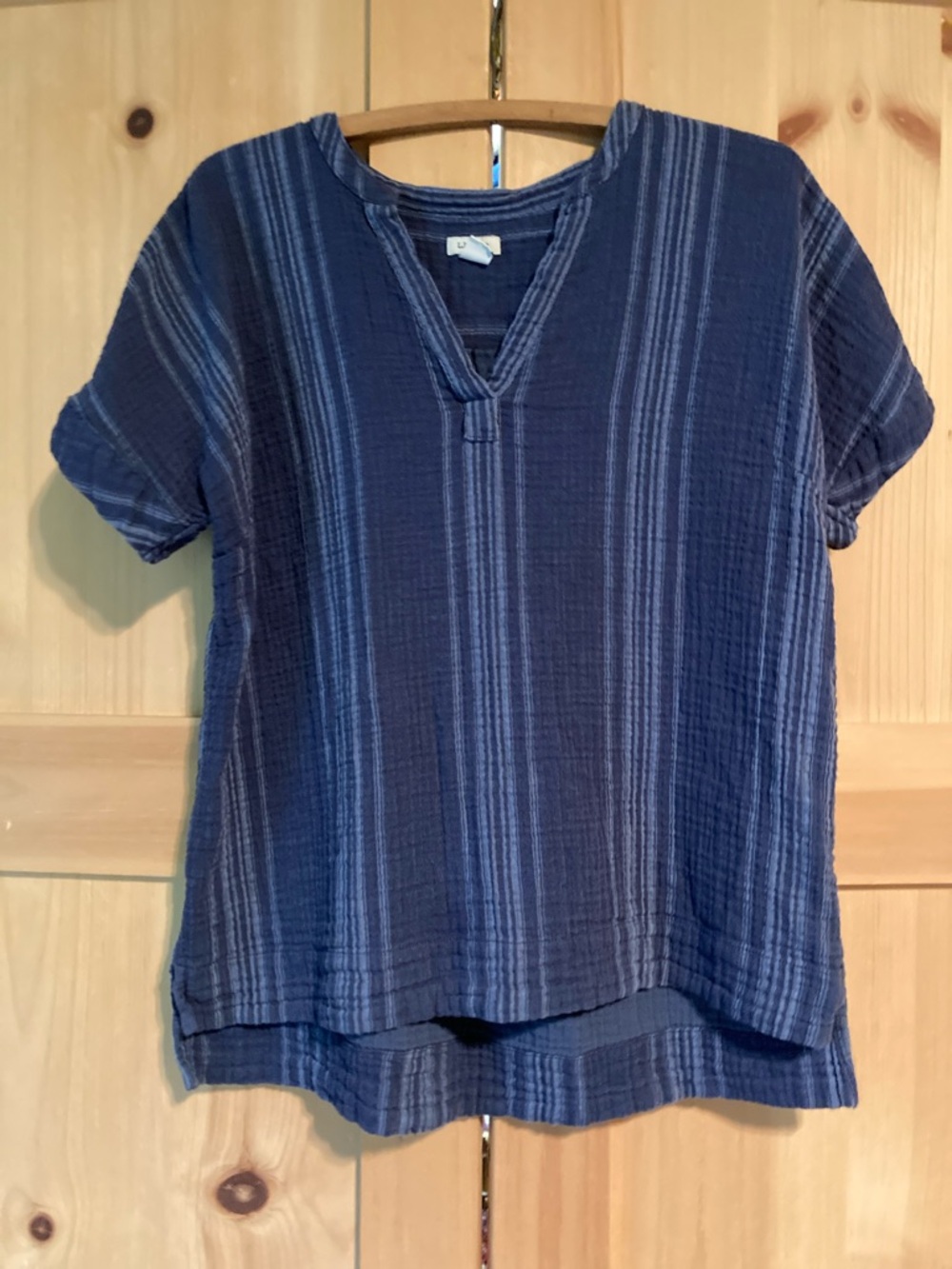 L.L. Bean Navy Blue Striped Short-Sleeve Blouse